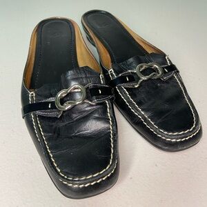 Cole Haan Black Leather Mules with Silver Buckle